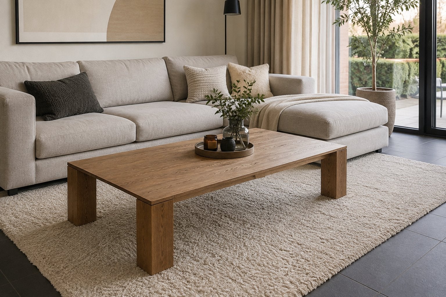 Eiken design salontafel 135L x 70B, Ophalen, 100 tot 150 cm, Design, Eikenhout