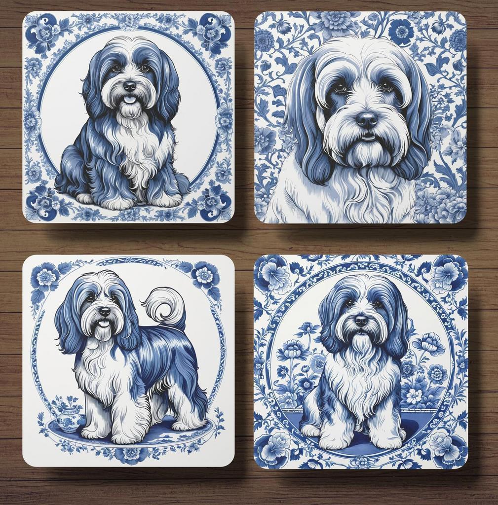 Tibetaanse Terriër Delfts Blauw onderzetters met houder, Ophalen of Verzenden, Nieuw, Glas of Kopje