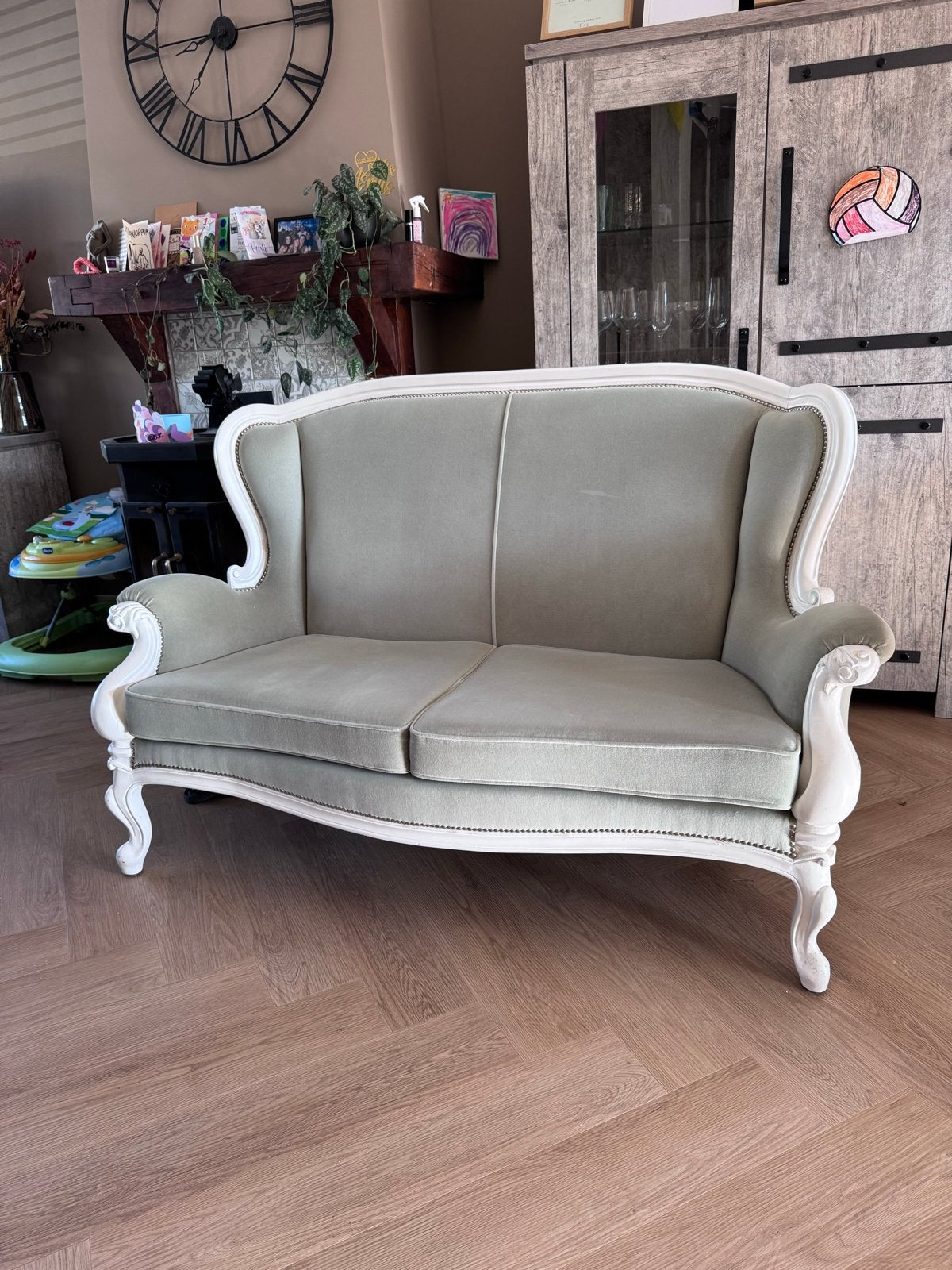 Trouwbankje / Bankje / Sofa in lichtgroen en wit, Ophalen, 150 tot 200 cm, Tweepersoons, 75 tot 100 cm