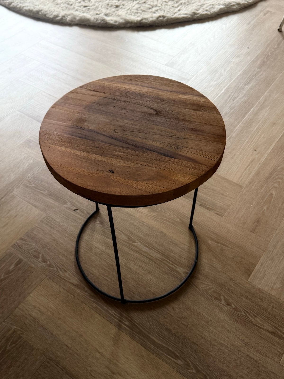Ronde bijzettafel 38cm met houten blad en metalen onderstel, Gebruikt, Rond, Minder dan 50 cm, Ophalen of Verzenden