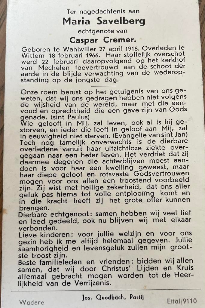 Maria Savelberg Wahlwiller 1916, Verzamelen, Ophalen of Verzenden