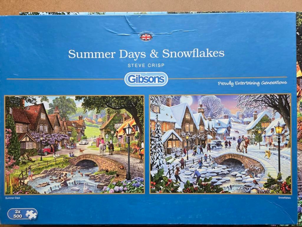 Gibsons puzzelbox: Summer Days & Snowflakes (2x 500 stukjes, Ophalen of Verzenden, 500 t/m 1500 stukjes, Zo goed als nieuw