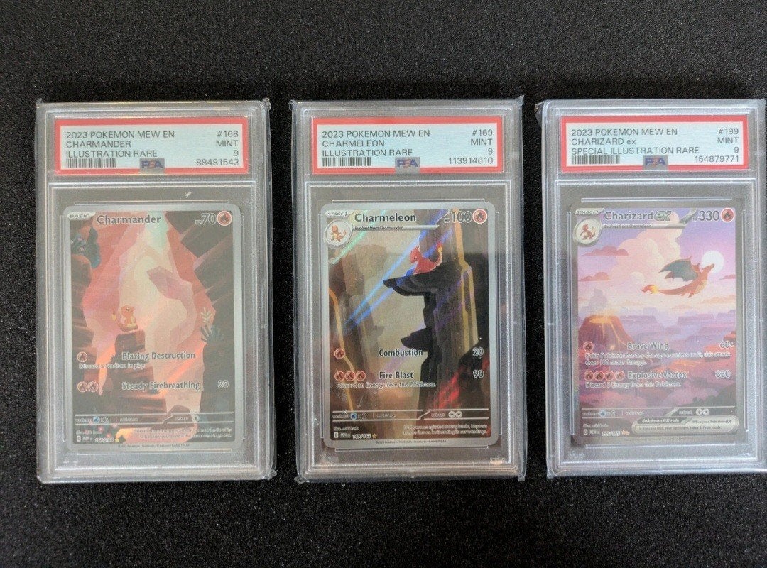 PSA 9 Set: Charmander, Charmeleon, Charizard 151, Ophalen of Verzenden, Zo goed als nieuw, Meerdere kaarten, Foil