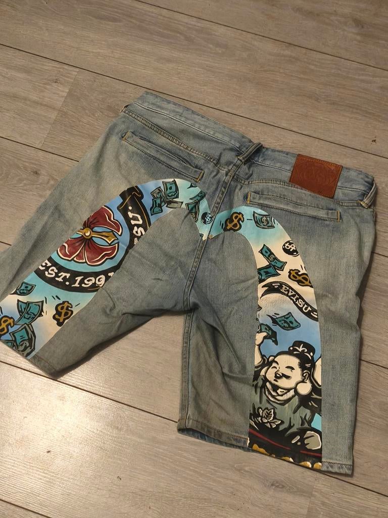 Evisu Jeans Shorts - Unieke Handgeschilderde Details, Ophalen, Blauw, Zo goed als nieuw, Evisu