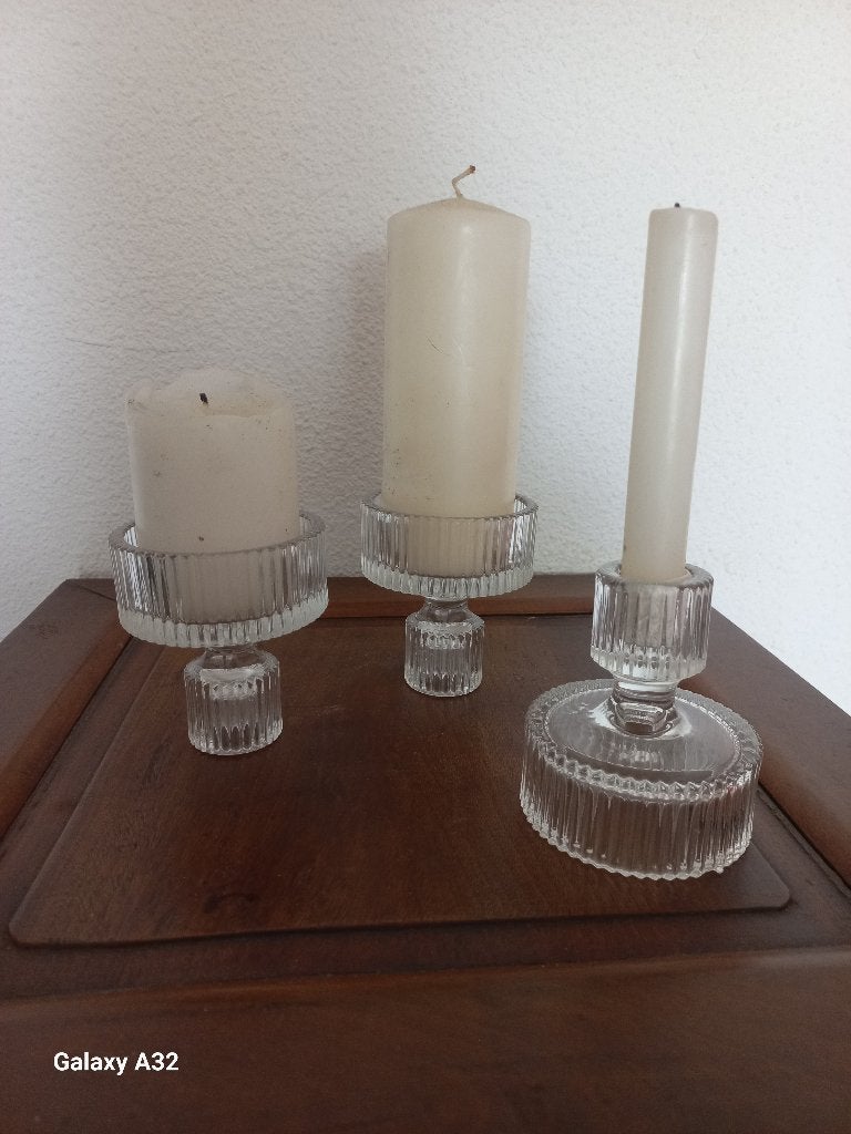 3 Transparante glazen kandelaars voor diner-of dikke kaarsen, 9 cm, Overige merken, Nieuw, Ophalen of Verzenden