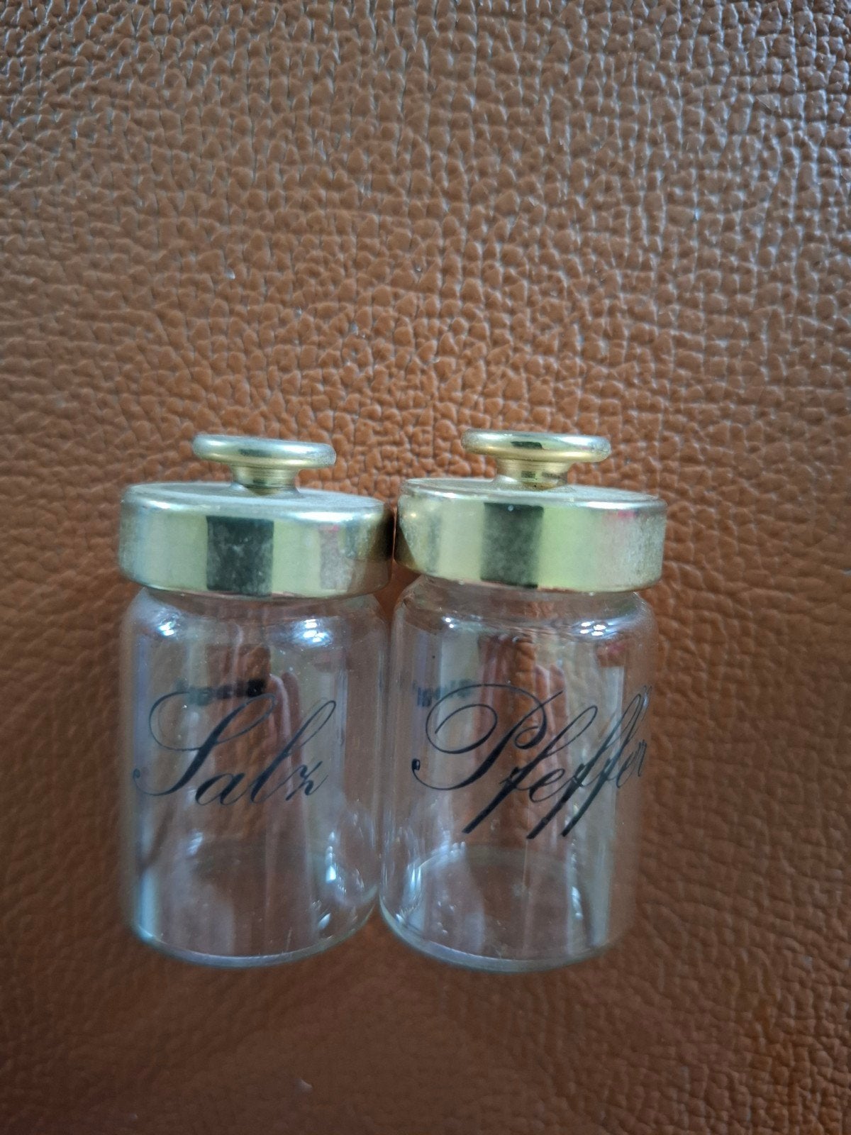 Vintage Siegl mini peper- en zoutstelletje – Verguld, Ophalen of Verzenden, Glas, Pot, Bus of Blik