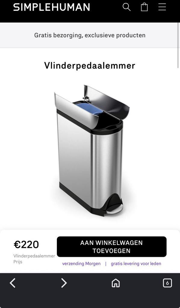 Simplehuman vlinderpedaalemmer 38L RVS, Met pedaal, Ophalen of Verzenden, Zo goed als nieuw, Rvs