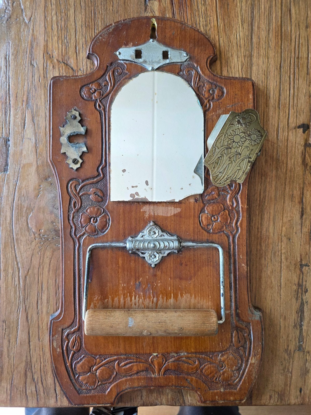 Antieke houten toiletrolhouder met spiegel Art Nouveau, Ophalen of Verzenden