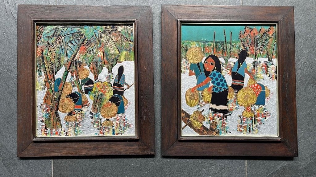 Thailand schilderij set uit 1972 Thais handwerk, Huis en Inrichting, Ophalen of Verzenden, Schipluidenlaan 20 5035KJ Tilburg, Schilderij