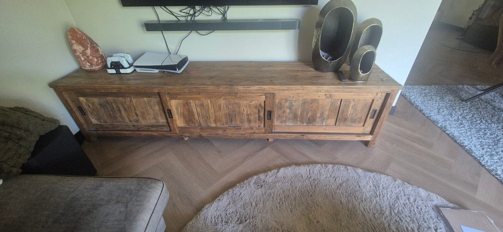 Robuust Teak TV-meubel - 243 cm breed, Ophalen, Teakhout, Zo goed als nieuw, 200 cm of meer