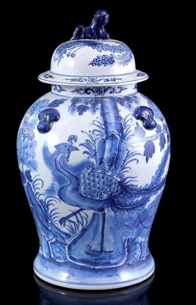 Chinees Porseleinen dekselvaas met blauw decor 37 cm., Ophalen of Verzenden