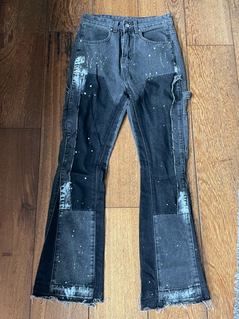 Zwarte flared jeans met verfspatten en patchwork maat 28, Kleding | Heren, Ophalen of Verzenden, Zo goed als nieuw, Zwart