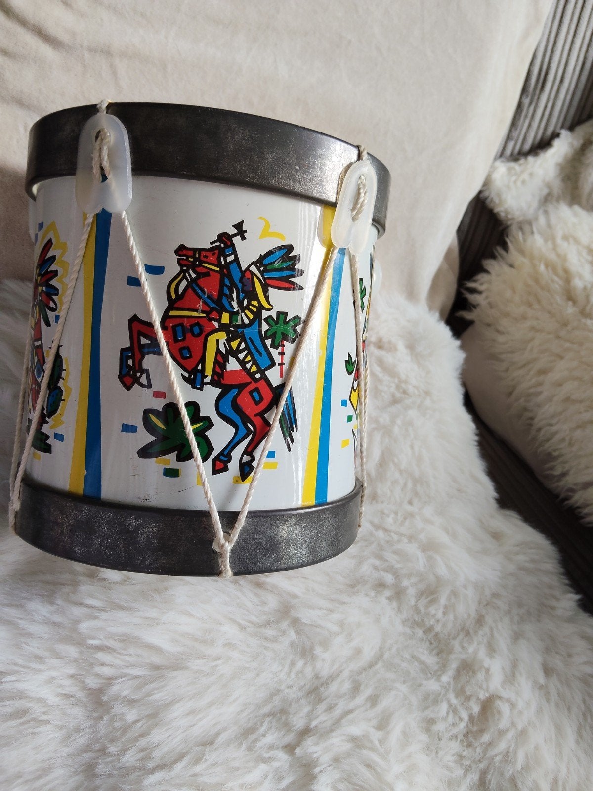 Vintage Blikken Speelgoedtrommel met Indianenprint, Antiek en Kunst, Ophalen of Verzenden