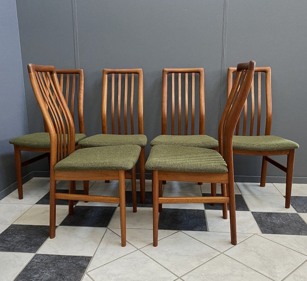 60 jaren 6 teak stoelen nieuwe groene stof Kai Kristiansen, Huis en Inrichting, Stoelen, Ophalen, Overige kleuren, Stof, Vijf, Zes of meer stoelen