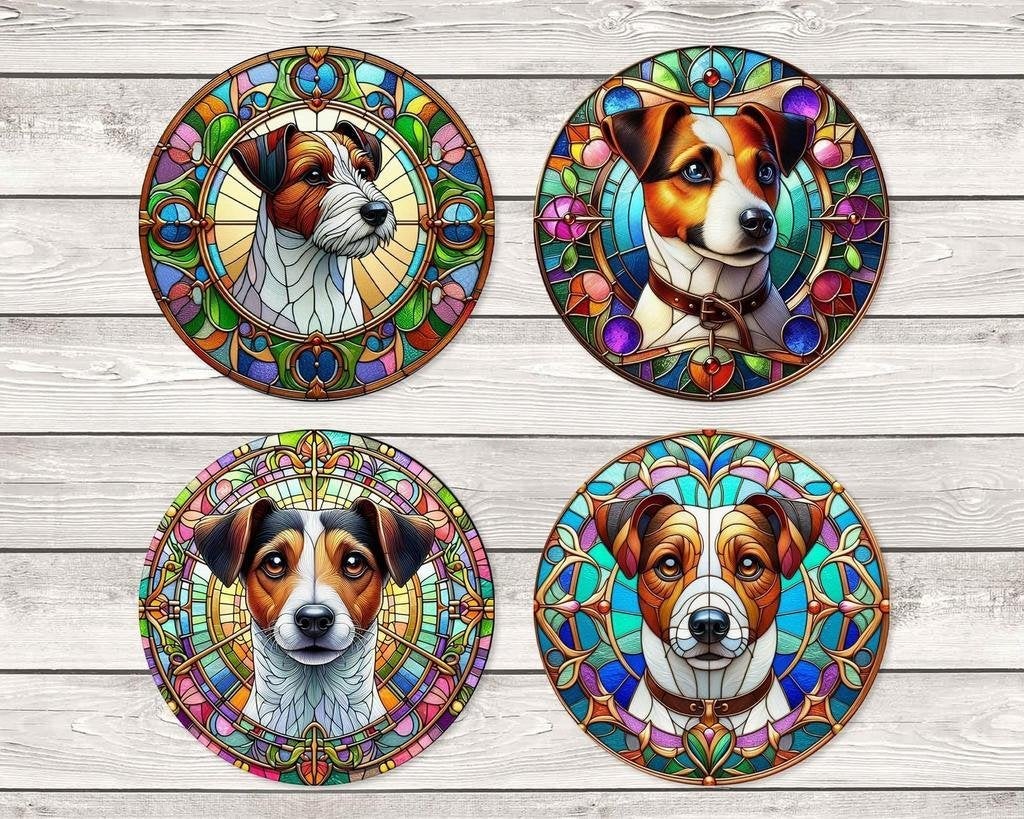 Jack Russell Terriër Glas in Lood onderzetters met houder, Huis en Inrichting, Ophalen of Verzenden, Nieuw
