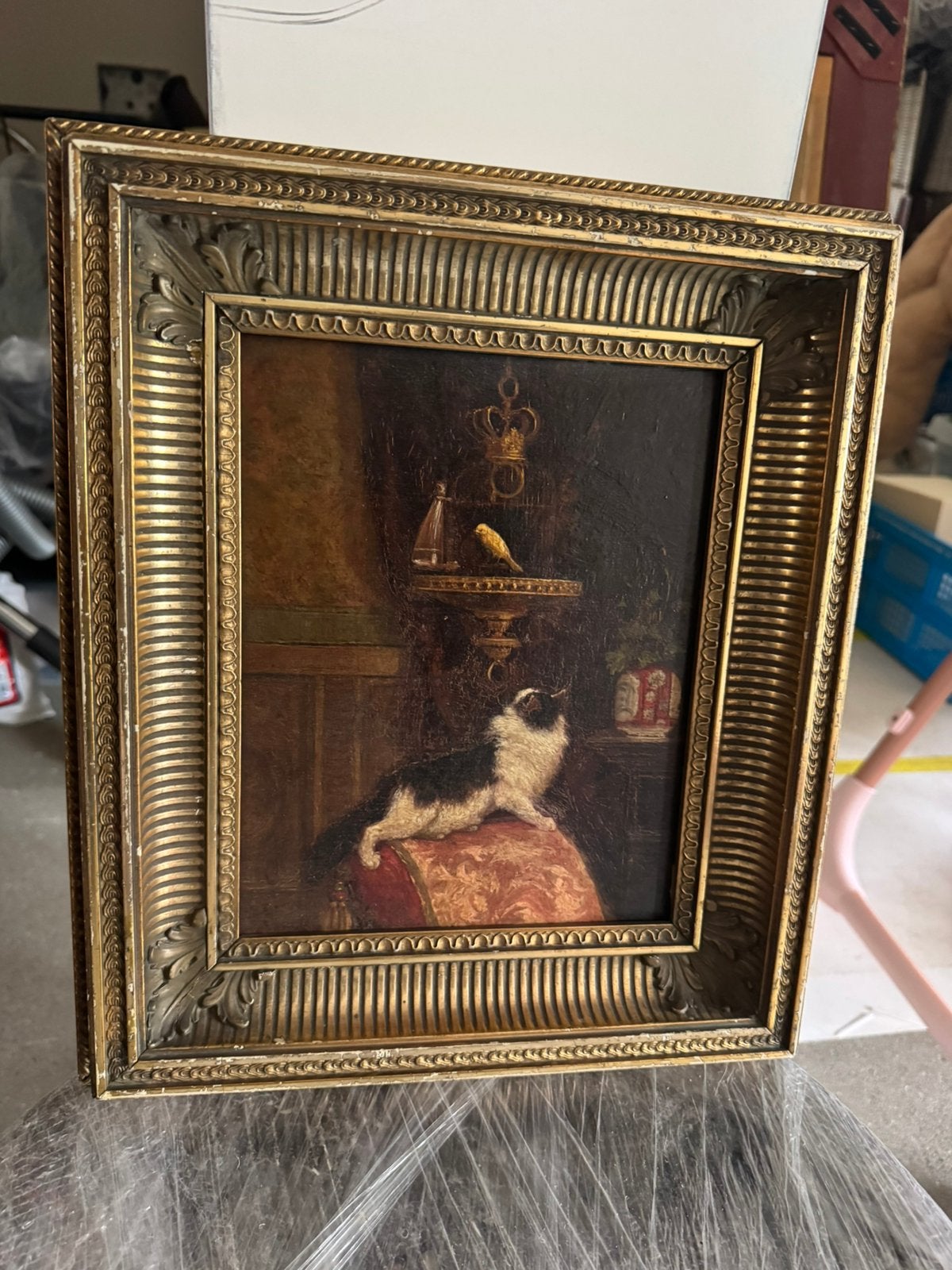 Oud klassiek schilderij met kat en vogel prachtige sierlijst, Antiek en Kunst, Kunst | Schilderijen | Klassiek, Ophalen