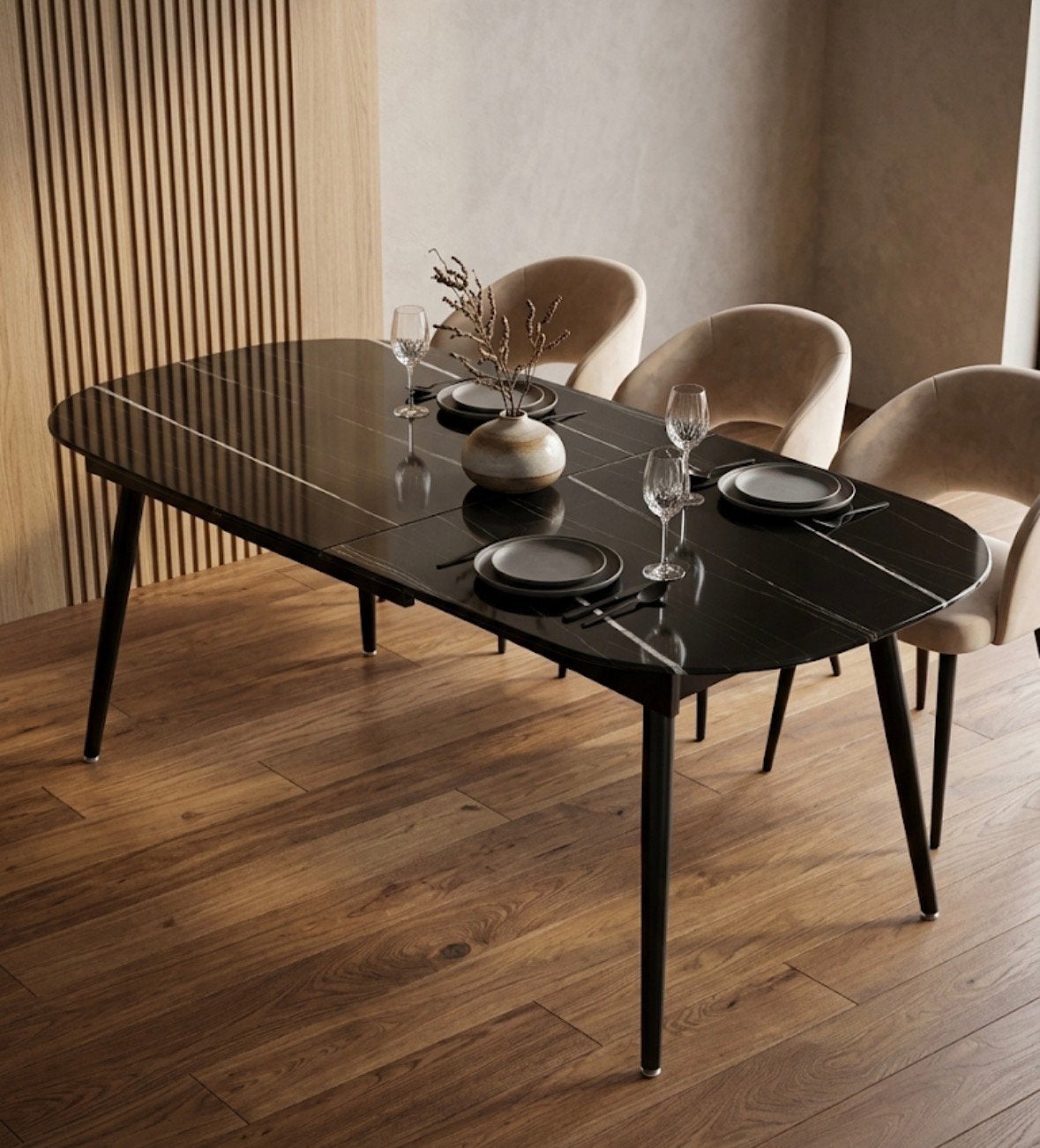 Uitschuifbare eettafel Atmosphera Mapu - Zwart marmerlook, Ophalen, 50 tot 100 cm, Vijf personen of meer, 150 tot 200 cm