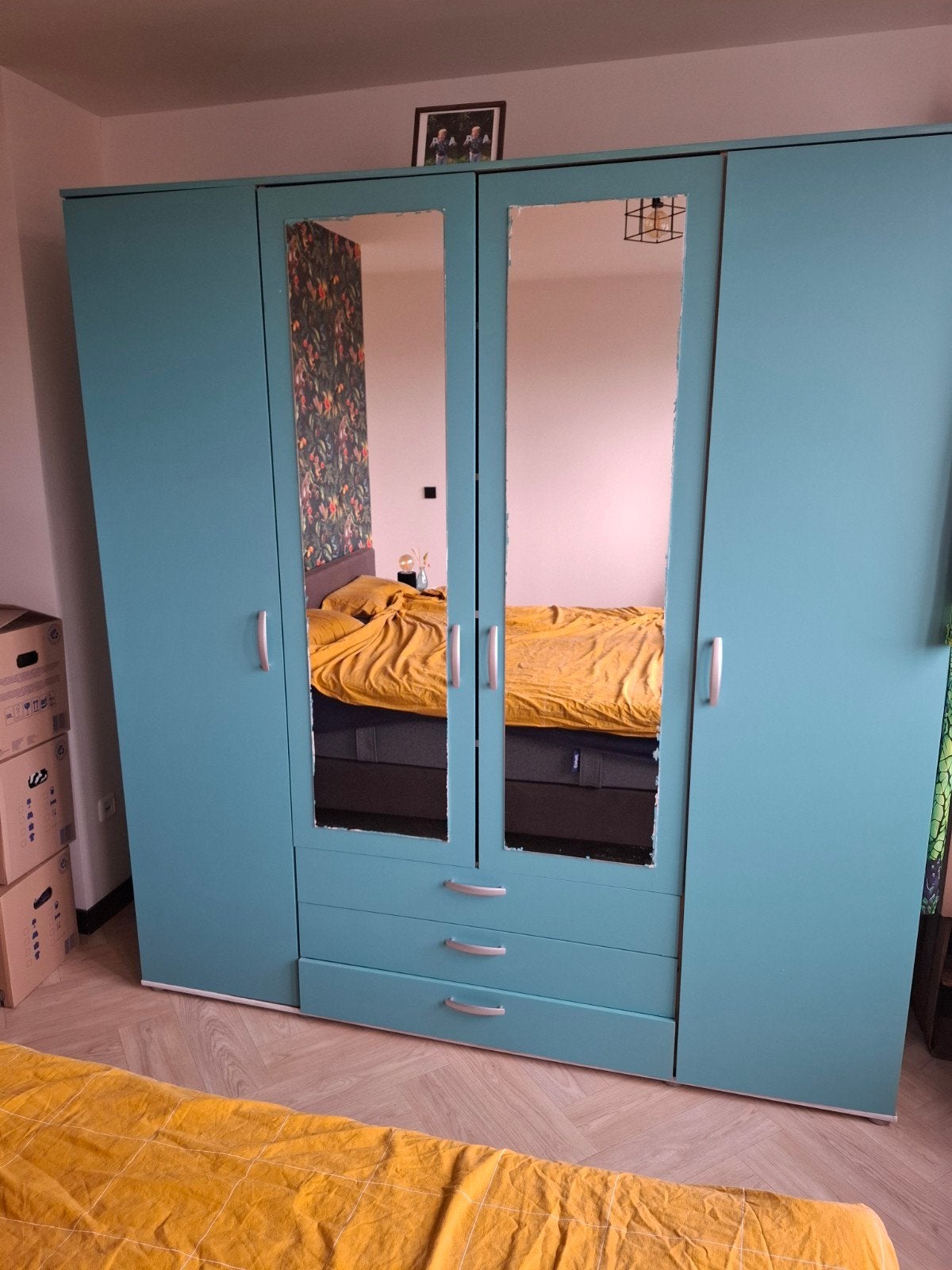 Kledingkast met spiegeldeuren en lades - Turquoise, Gebruikt, Modern, functioneel, 200 cm of meer, 200 cm of meer
