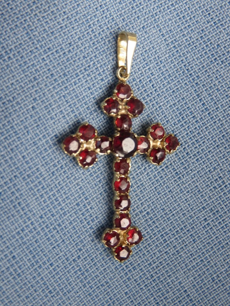 Antiek kruisje granaat steentjes in 8 karaat goud, Sieraden, Tassen en Uiterlijk, Antieke sieraden, Ophalen of Verzenden, Goud