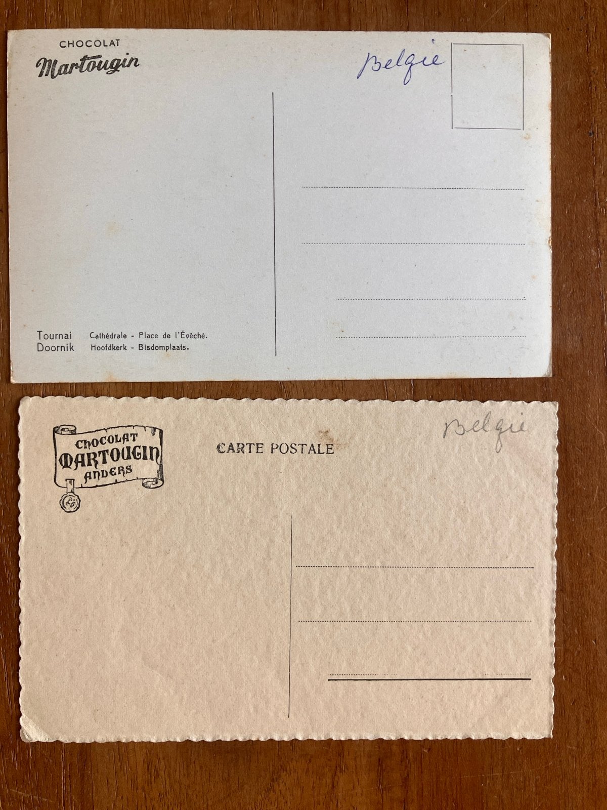 2 reclamekaarten Chocolat Martougin uit Borgerhout, Ophalen of Verzenden, Voor 1920, Ongelopen, Luik