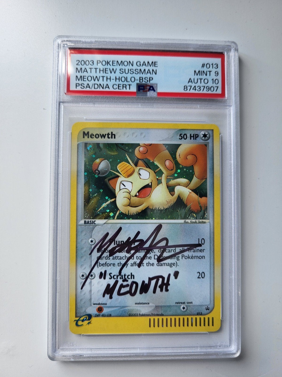 2003 Pokemon Meowth Holo PSA 9 Auto 10 Matthew Sussman, Ophalen of Verzenden, Zo goed als nieuw, Losse kaart, Foil