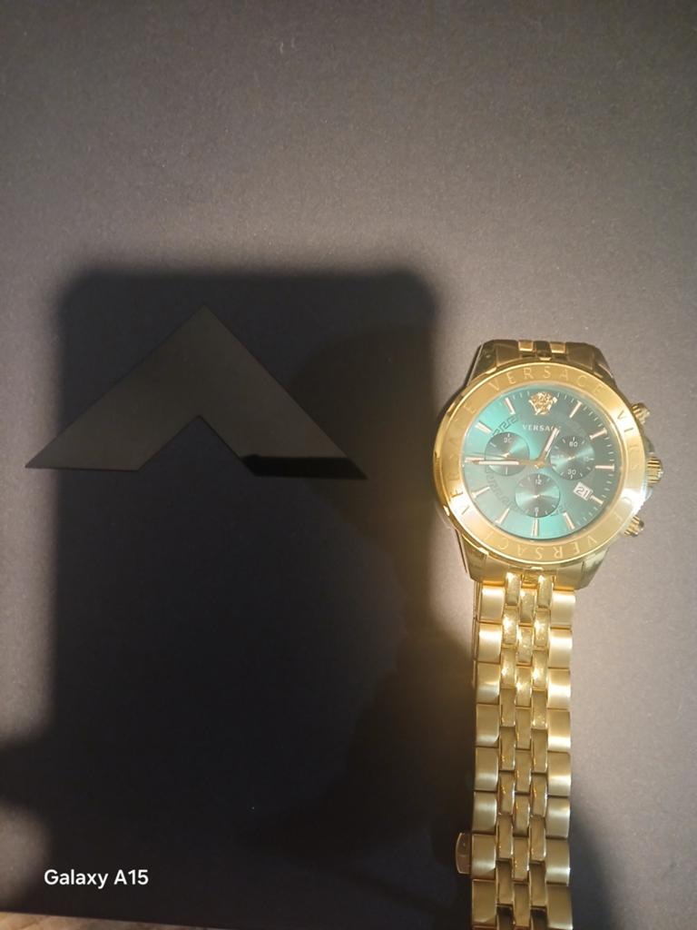Versace horloge goudkleurig met groene wijzerplaat, Overige merken, Overige materialen, Polshorloge, Overige materialen