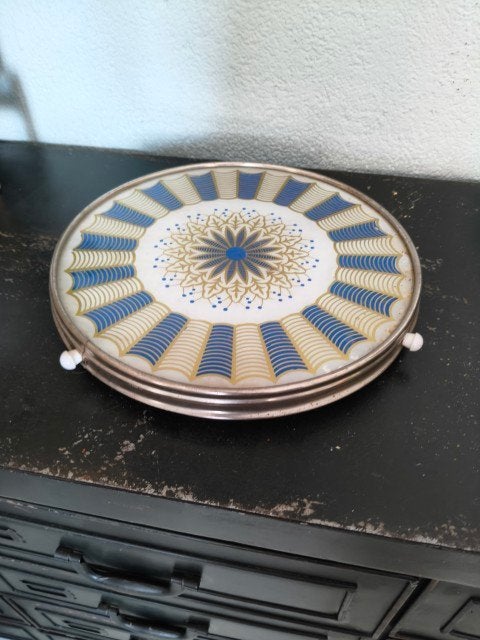 Vintage metalen schaal taartplateau blauw wit goud, Huis en Inrichting, Gebruikt, Schaal, Rond, Ophalen of Verzenden