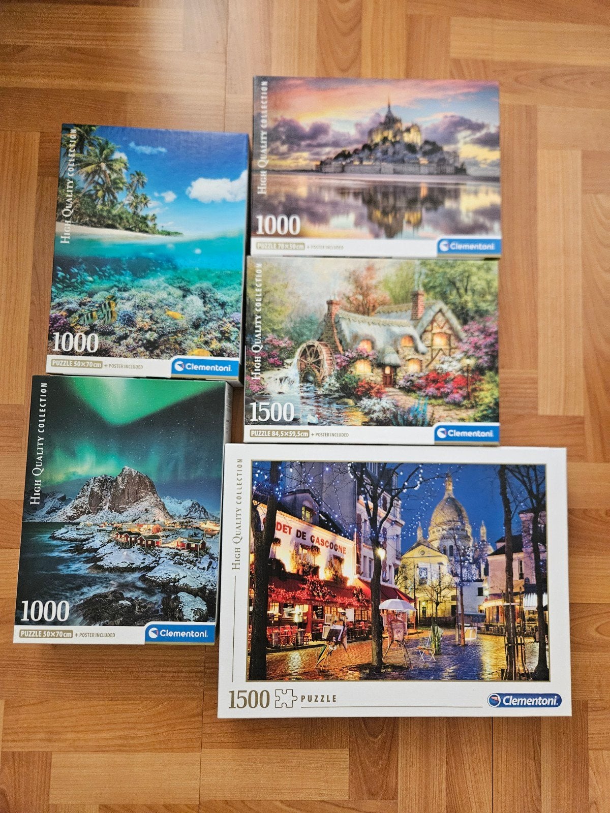 5 Clementoni puzzels., Ophalen of Verzenden, 500 t/m 1500 stukjes, Zo goed als nieuw