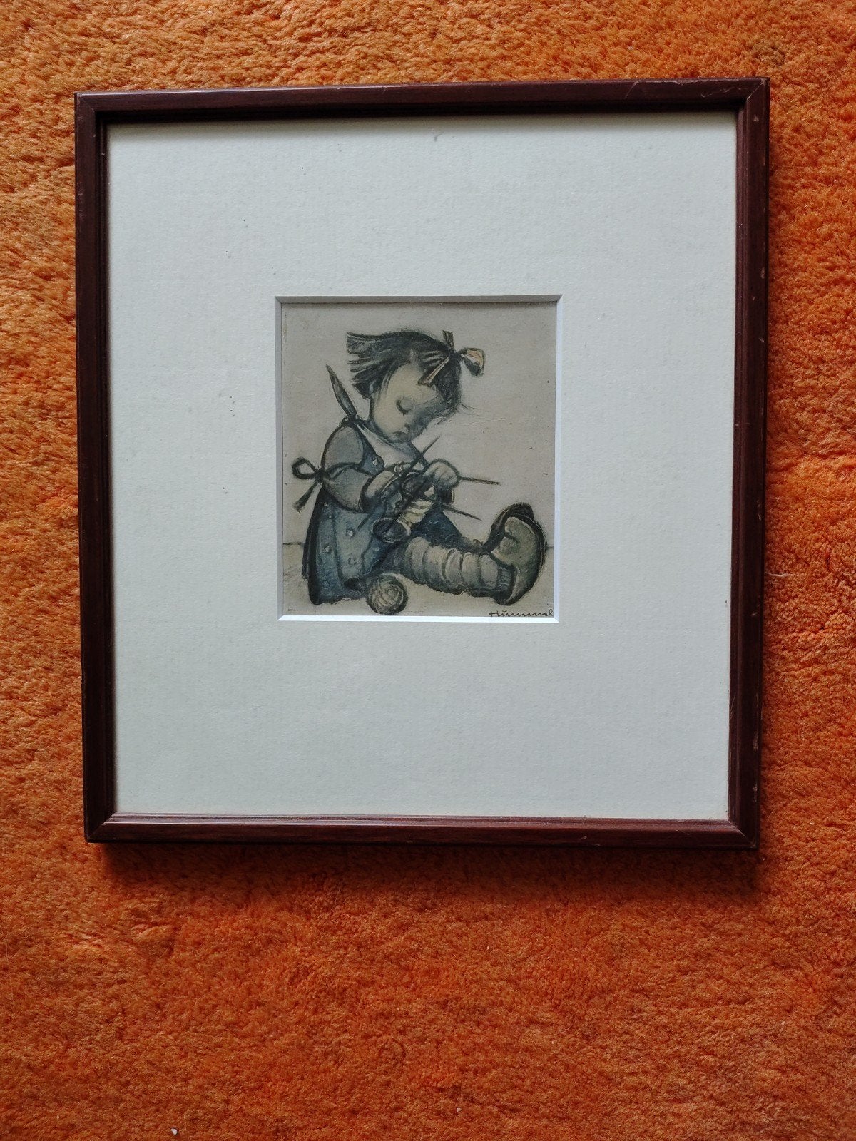 Hummel Tekening: Meisje aan het Breien, Ingelijst, Ophalen of Verzenden, Tekening, Potloodtekening, Ingelijst