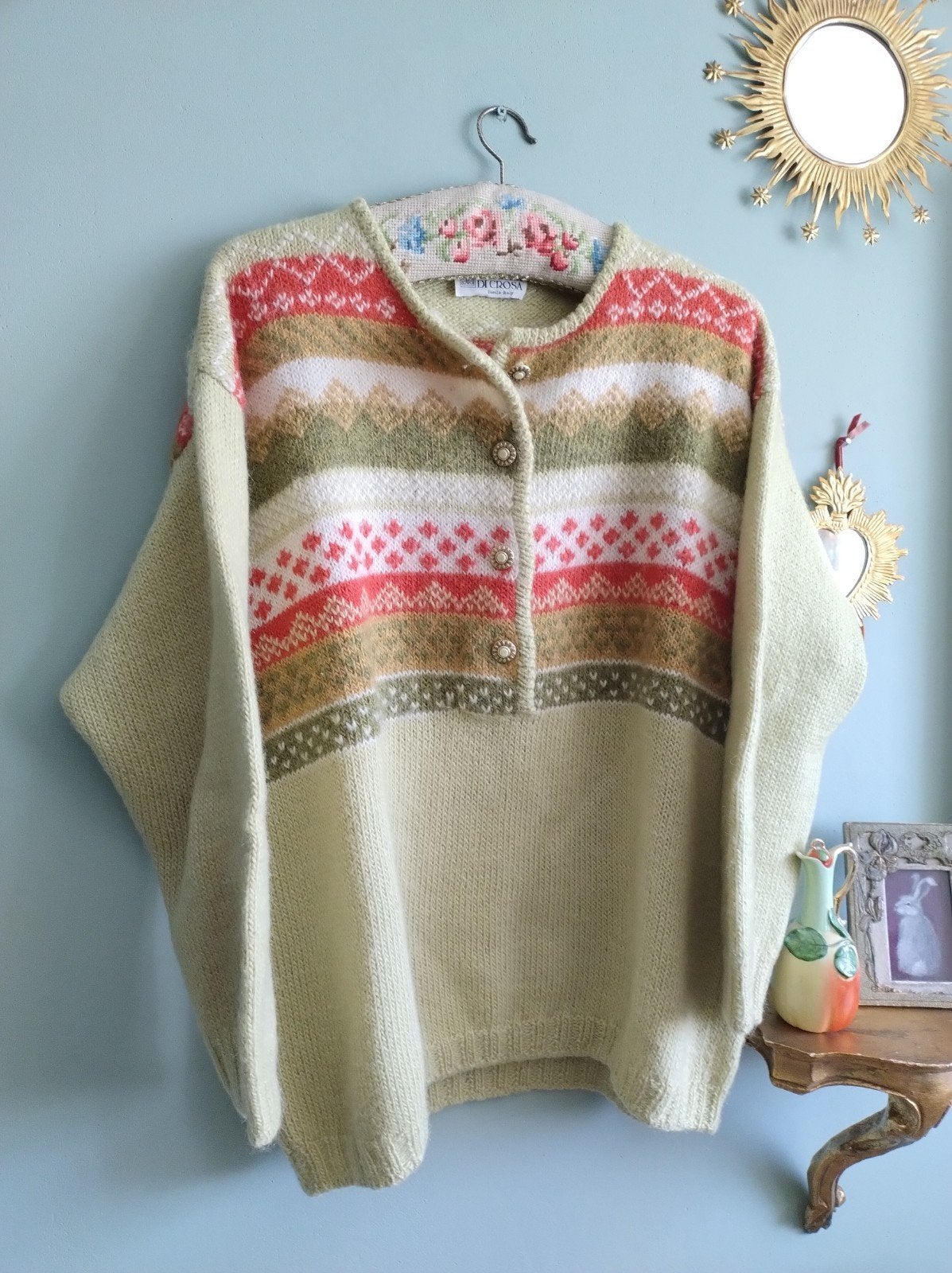 Vintage pastel groene Noorse Fair Isle trui mohair S M, Maat 38/40 (M), Verzenden, Zo goed als nieuw, Vintage