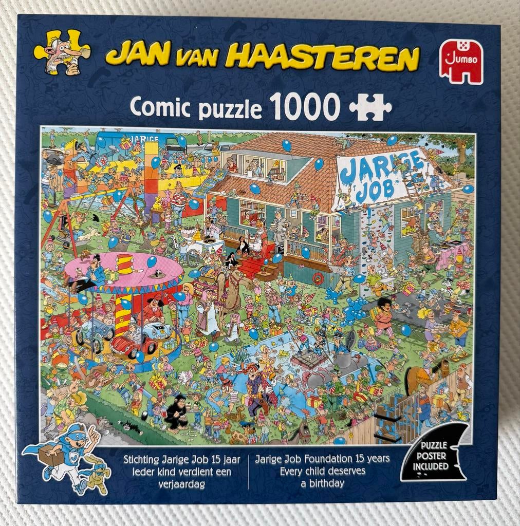 Jan van Haasteren puzzel- Stichting Jarige Job- 1000 stukjes, Ophalen of Verzenden, 500 t/m 1500 stukjes, Gebruikt, Legpuzzel