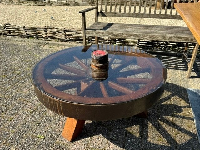 Wagonwheel/wagenwiel salontafel, Ophalen, Gebruikt, 50 tot 100 cm, Rond