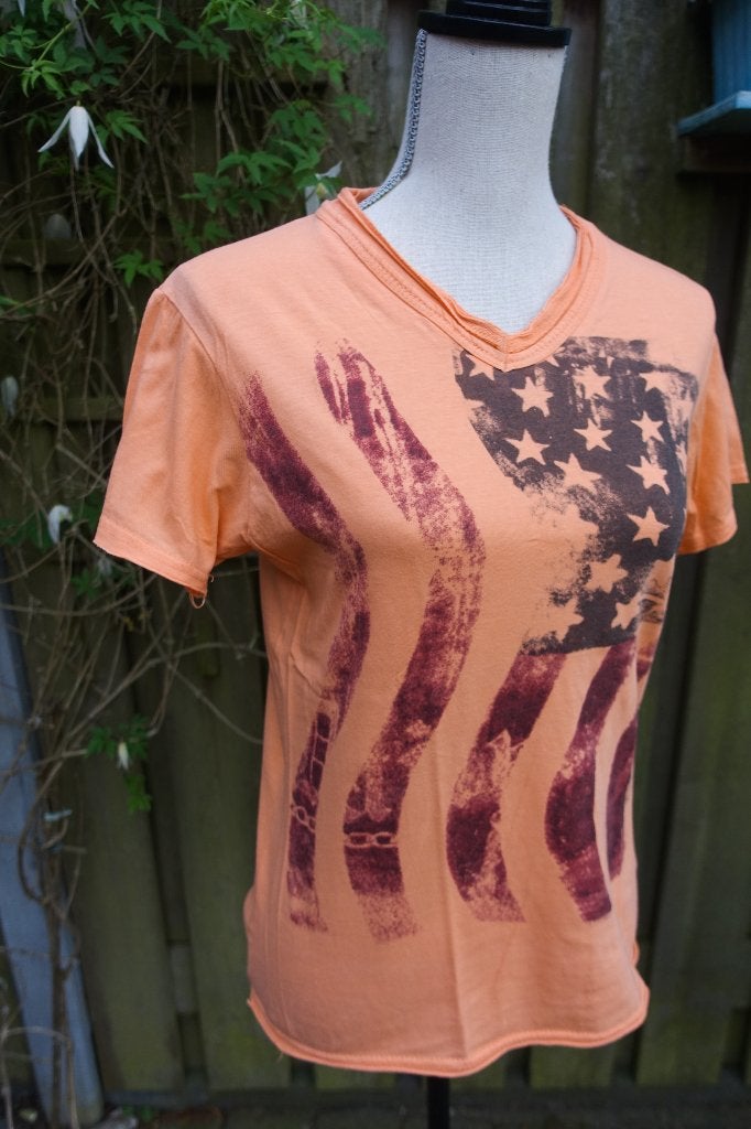 oranje top met vintage randjes - Jeans Store - mt S, Oranje, Ophalen of Verzenden, Korte mouw, Maat 36 (S)