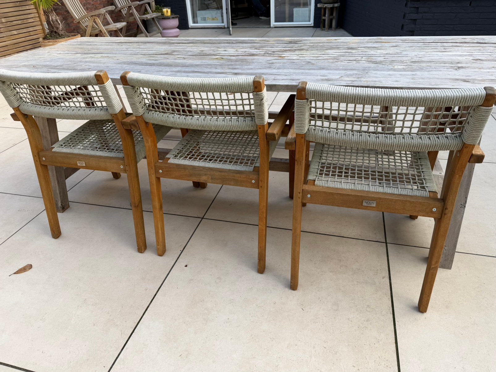 Tafel met bank en 3 stoelen, Ophalen, Zo goed als nieuw, Teakhout, Bank