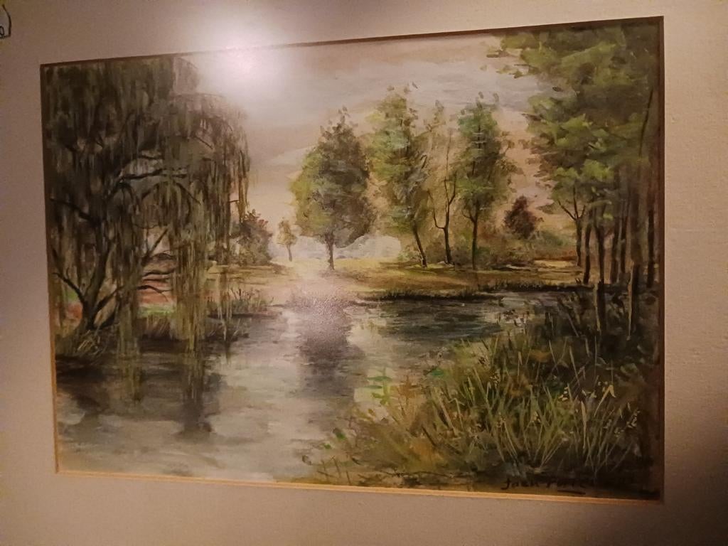 Schilderij 'Landschap met water' van Jack Poppel, Huis en Inrichting, Woonaccessoires | Schilderijen, Tekeningen en Foto's, Ophalen of Verzenden