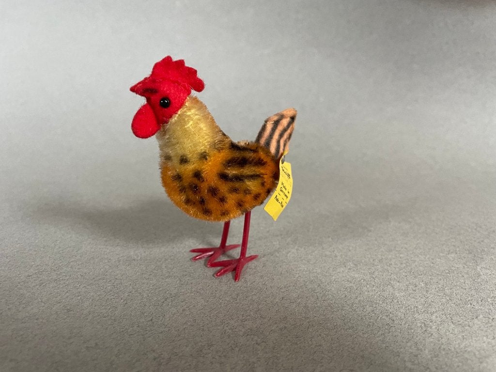 Kleine antieke haan van Steiff met origineel label en knopje, Ophalen of Verzenden