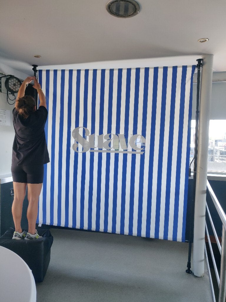 Blauw wit gestreept zonnescherm, compleet 200x270, Ophalen, 150 tot 300 cm, Screen, Minder dan 250 cm
