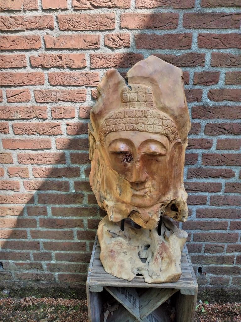 Grote teakhouten boeddha gezicht boeddha hoofd, Huis en Inrichting, Woonaccessoires | Boeddhabeelden, Ophalen, Gebruikt