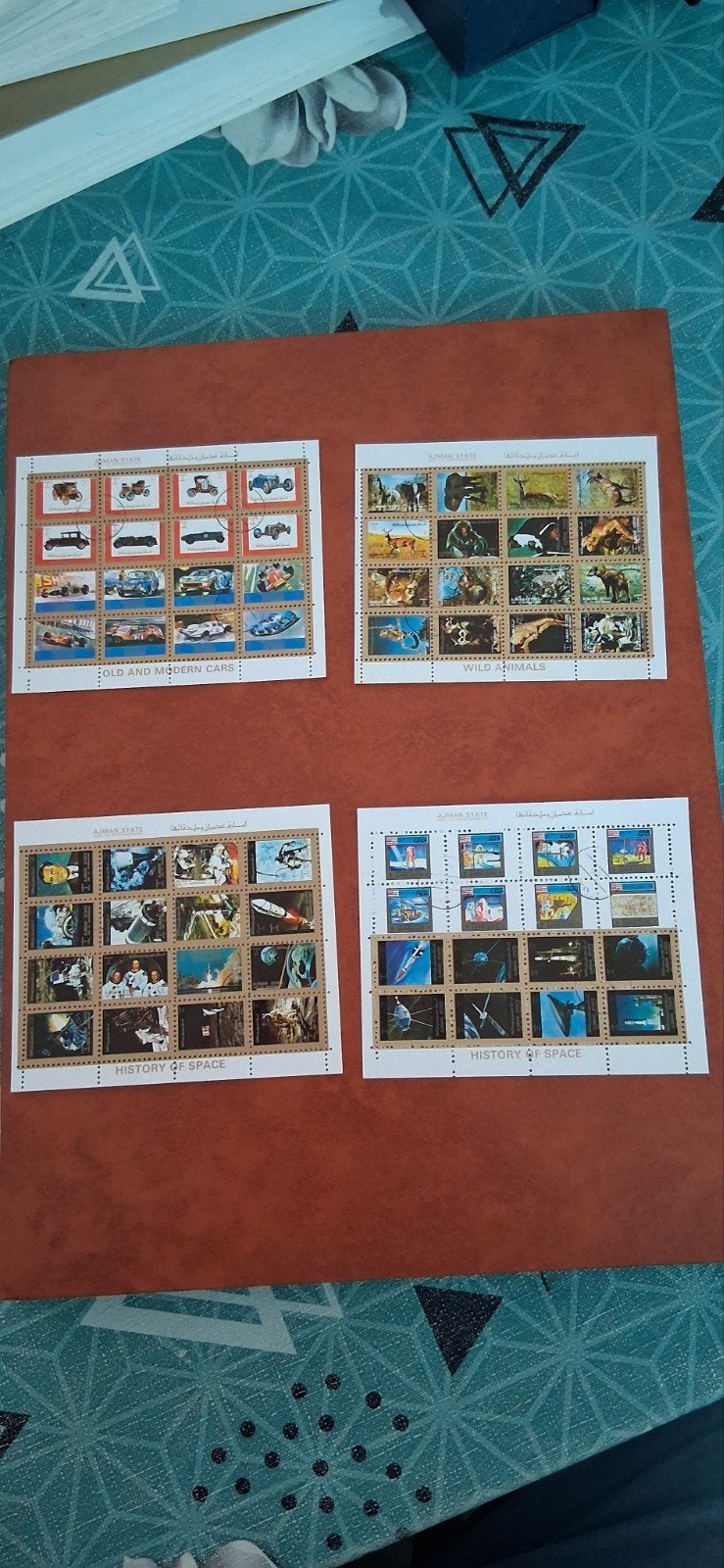 Set van 4 Ajman postzegelvellen: Auto's, Dieren, Ruimte, Ophalen of Verzenden, Gestempeld