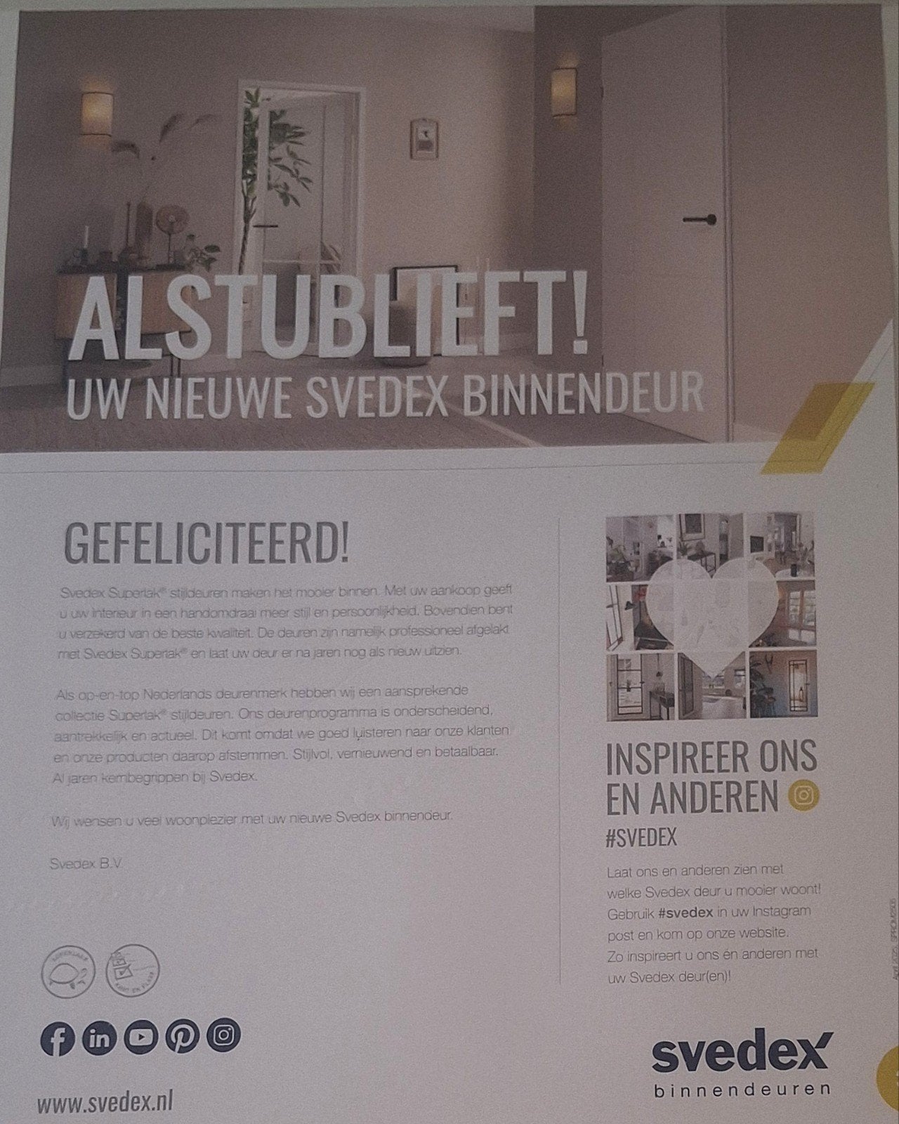 2 Svedex binnendeuren Alpine wit 2390 x 730 mm., Ophalen, Nieuw, Binnendeur, 215 cm of meer