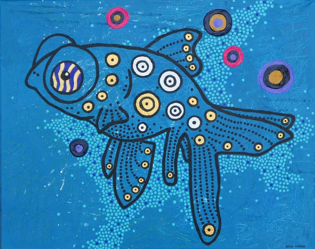 Mooi abstract (Aboriginal) schilderij van een telescoopvis, Antiek en Kunst, Ophalen of Verzenden