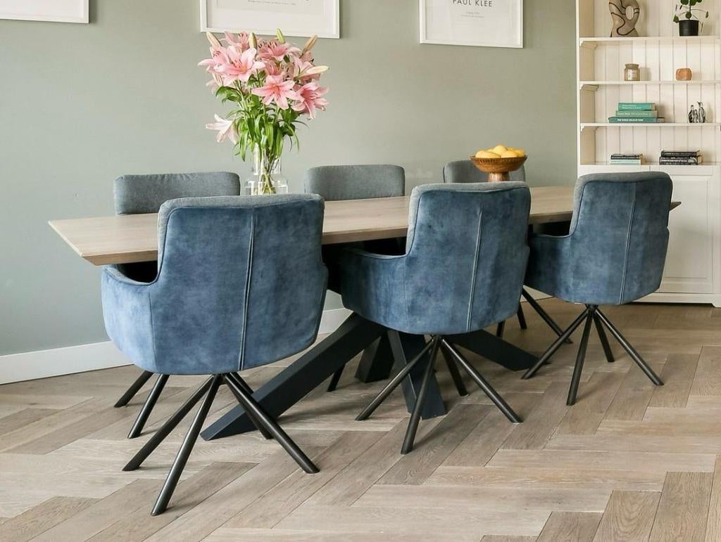Eettafel van eikenhout (met facetkanten) + 6 draaistoelen, Huis en Inrichting, Tafels | Eettafels, Ophalen, Eikenhout, 200 cm of meer