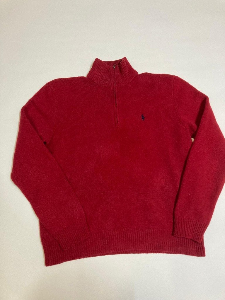 Ralph Lauren Quater Zip - L - Red - Blue Pony - 100% Wool, Kleding | Heren, Maat 52/54 (L), Ralph Lauren, Ophalen of Verzenden