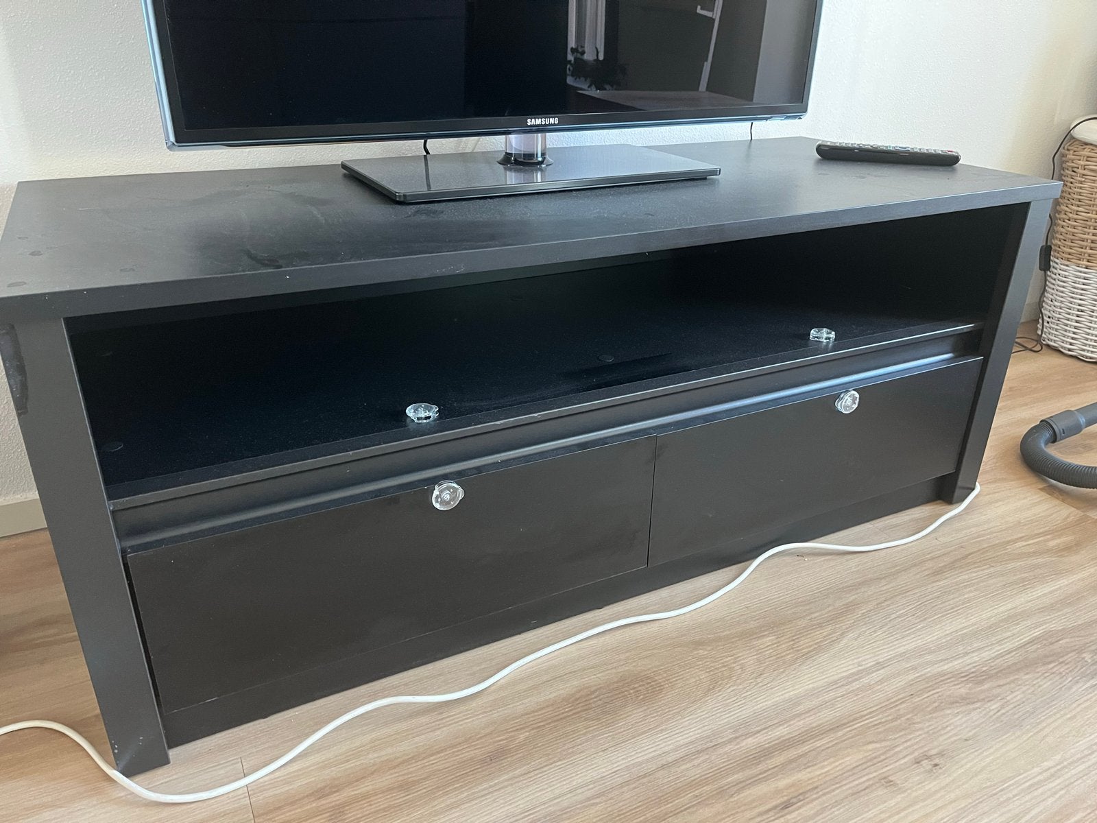 Zwart tv-meubel met lades en open vak, Ophalen, Gebruikt, 100 tot 150 cm, Minder dan 100 cm