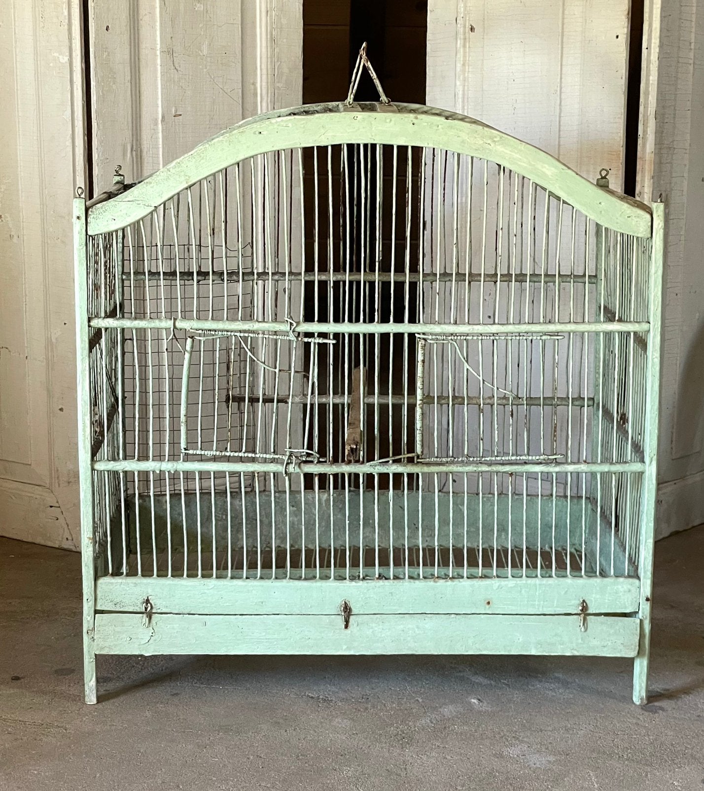 Brocante oude Franse houten vogelkooi mint groen, Antiek en Kunst, Ophalen of Verzenden