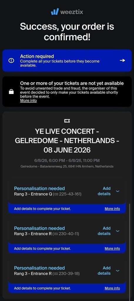 YE LIVE CONCERT 3 TICKETS - GELREDOME - NETHERLANDS, Tickets en Kaartjes, Drie personen of meer