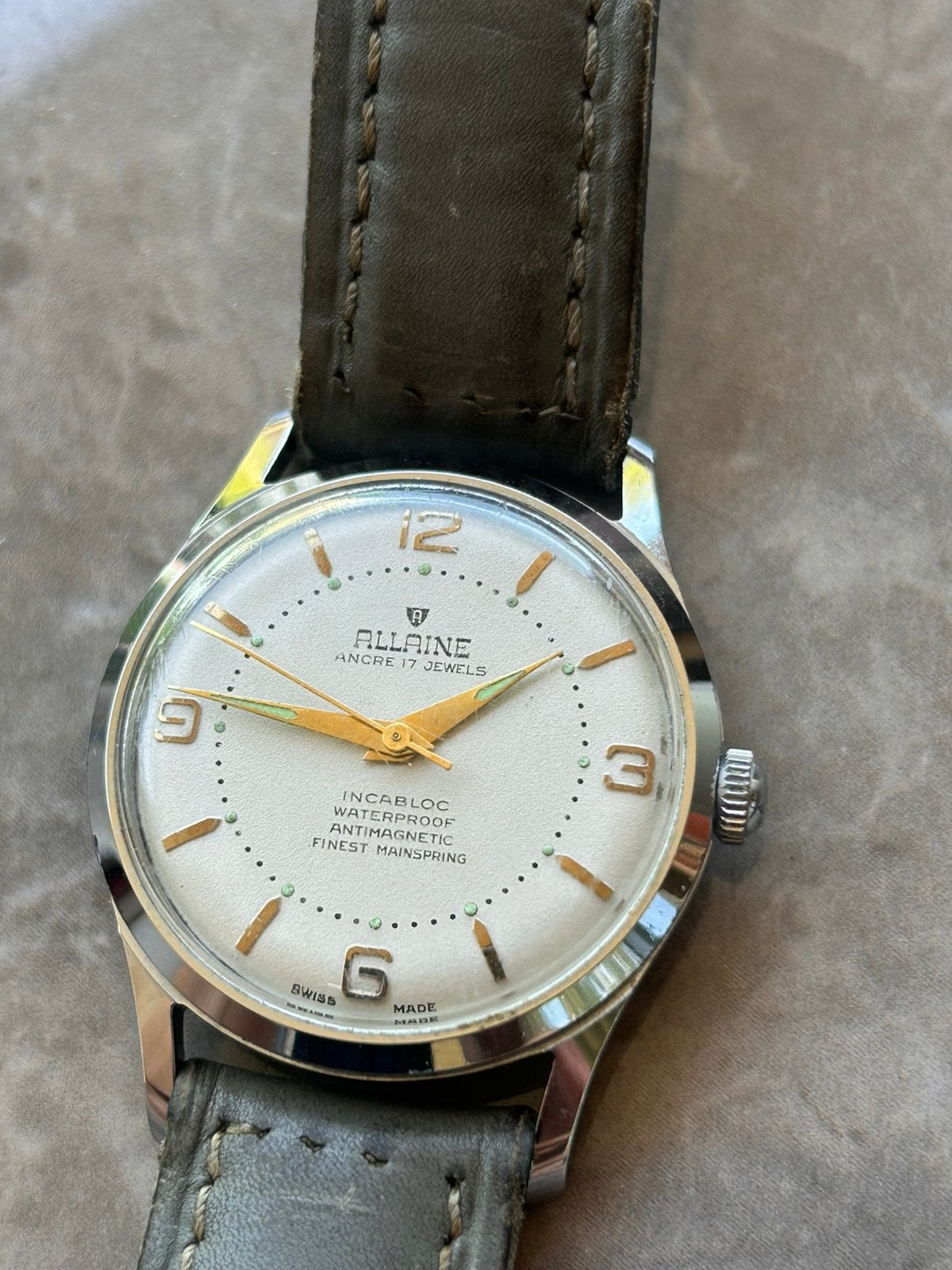 Vintage Allaine Ancre 17 Jewels herenhorloge Zwitsers, Ophalen of Verzenden, Staal, Overige merken, 1960 of later