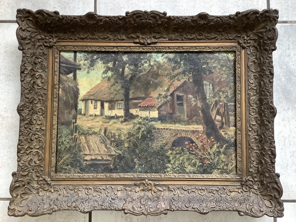 Schilderij met boerderij, hooiberg en bruggetje., Antiek en Kunst, Kunst | Schilderijen | Klassiek, Ophalen