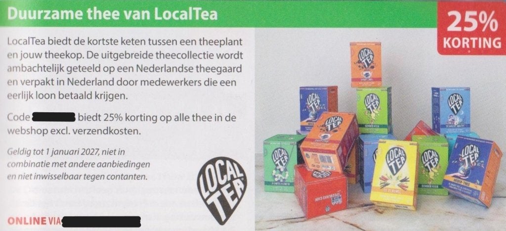 Duurzame thee van LocalTea. 25% korting. Postcodeloterij bon, Eén persoon, Kortingsbon, Warenhuis- of Winkelbon