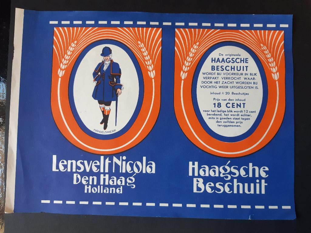 Lensvelt Nicola Haags Beschuit label en koekjesetiket, Verzamelen, Merken en Reclamevoorwerpen, Verzenden, Gebruikt, Reclamebord